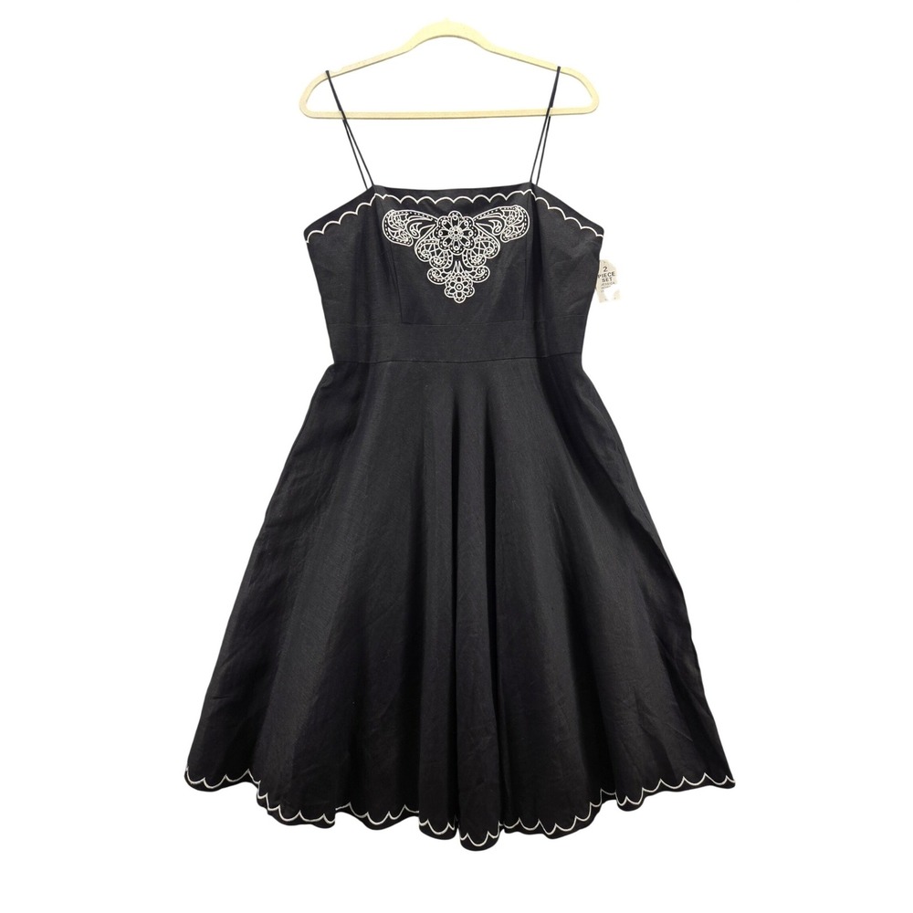 NWT Jessica Howard Black Linen Blend Embroidered Scalloped Dress 14 whimsigoth